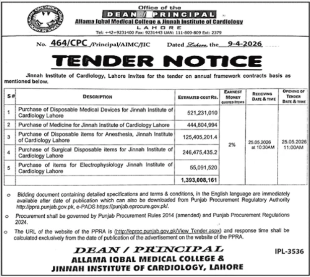 Annual Framework Contracts for Medical Supplies 2026 - Allama Iqbal Medical College & Jinnah Institute of Cardiology, Lahore Office of the Dean / Principal
